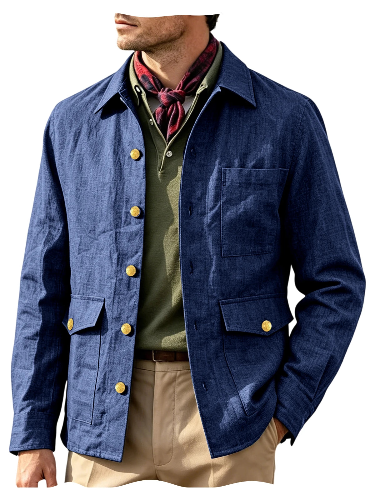 Mens Vintage Linen Jacket With Breathable Gold Button Lapel Design