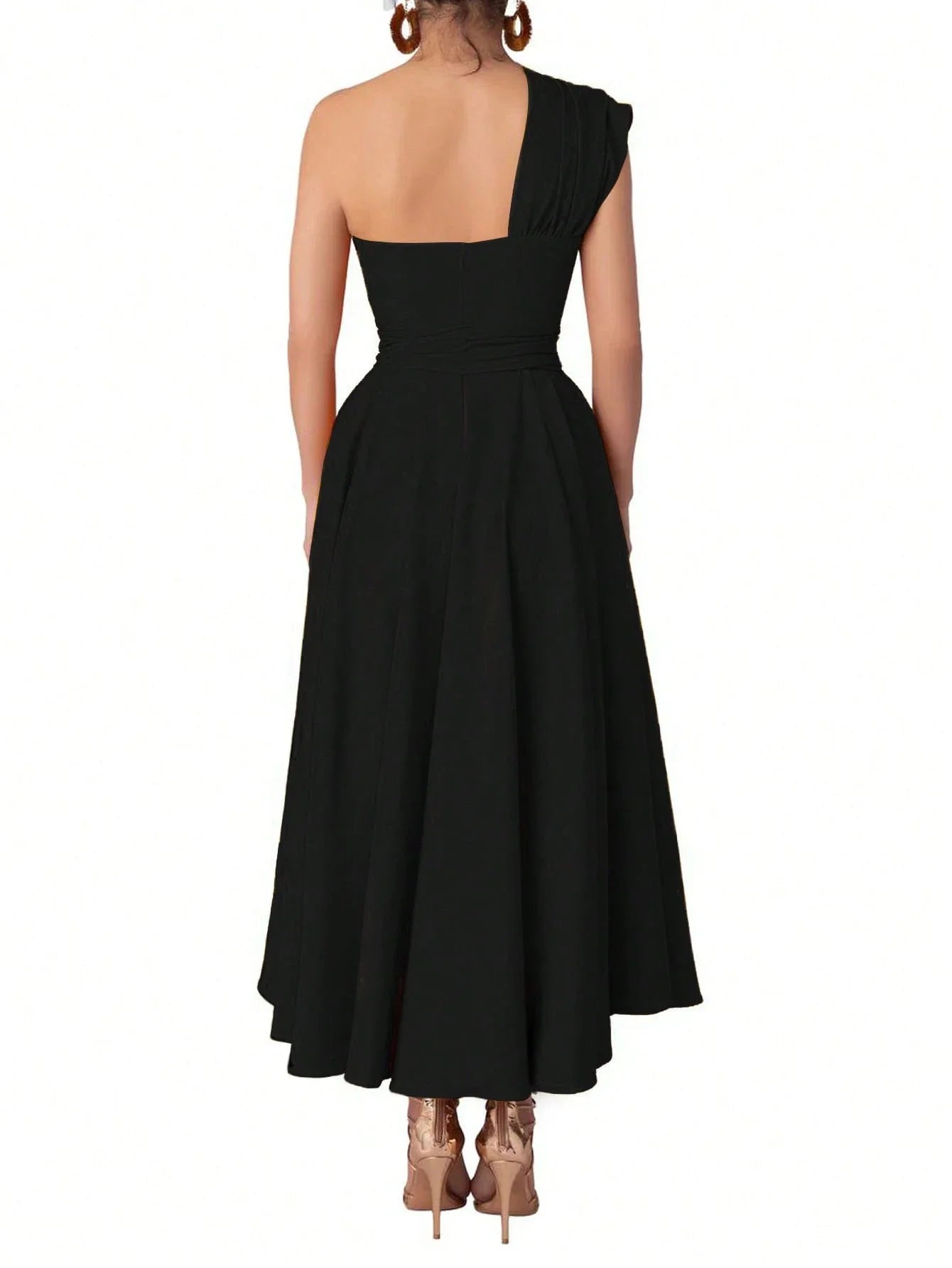 One Shoulder Black Solid A-Line Maxi Dress With Sash Belt