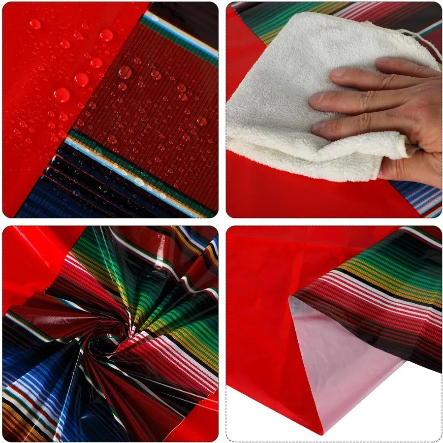 24 Pcs Mexican Fiesta Tablecloth 84 Inch Plastic Tablecover Waterproof Round Tablecloth Striped Serape Table Runner for Mexican