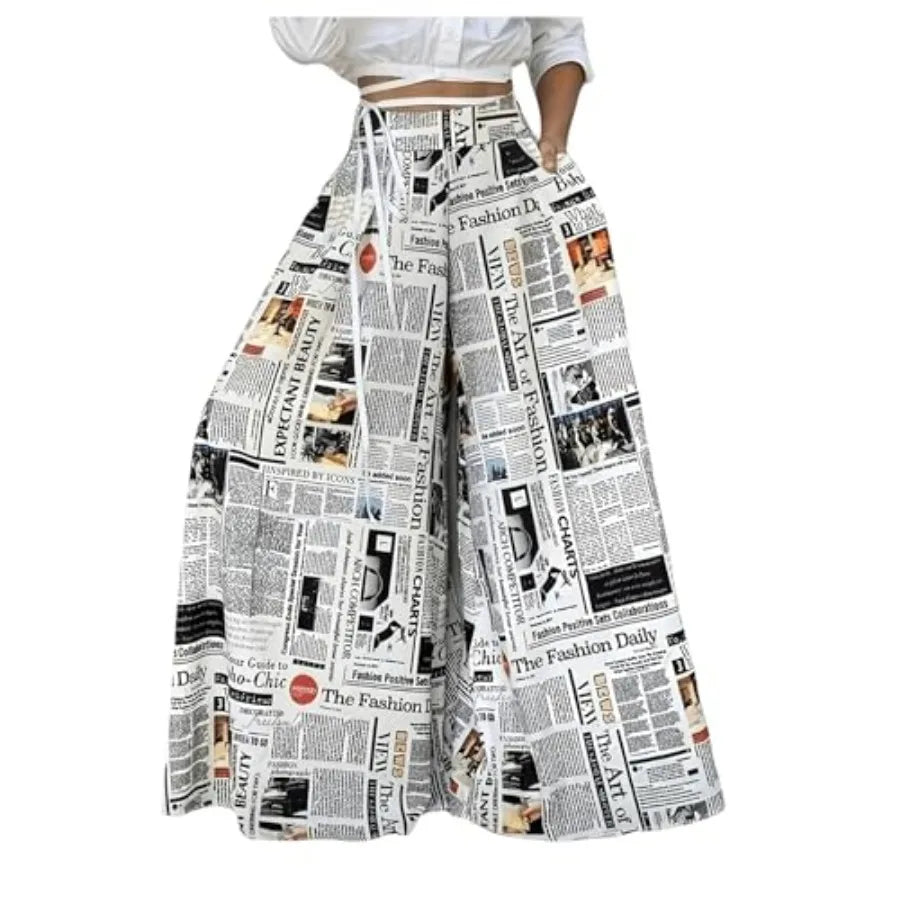 WDIRARA Women's Newspaper Print Wide Leg Pants Elastic Waist Loose Funky Letter Print Palazzo Pants