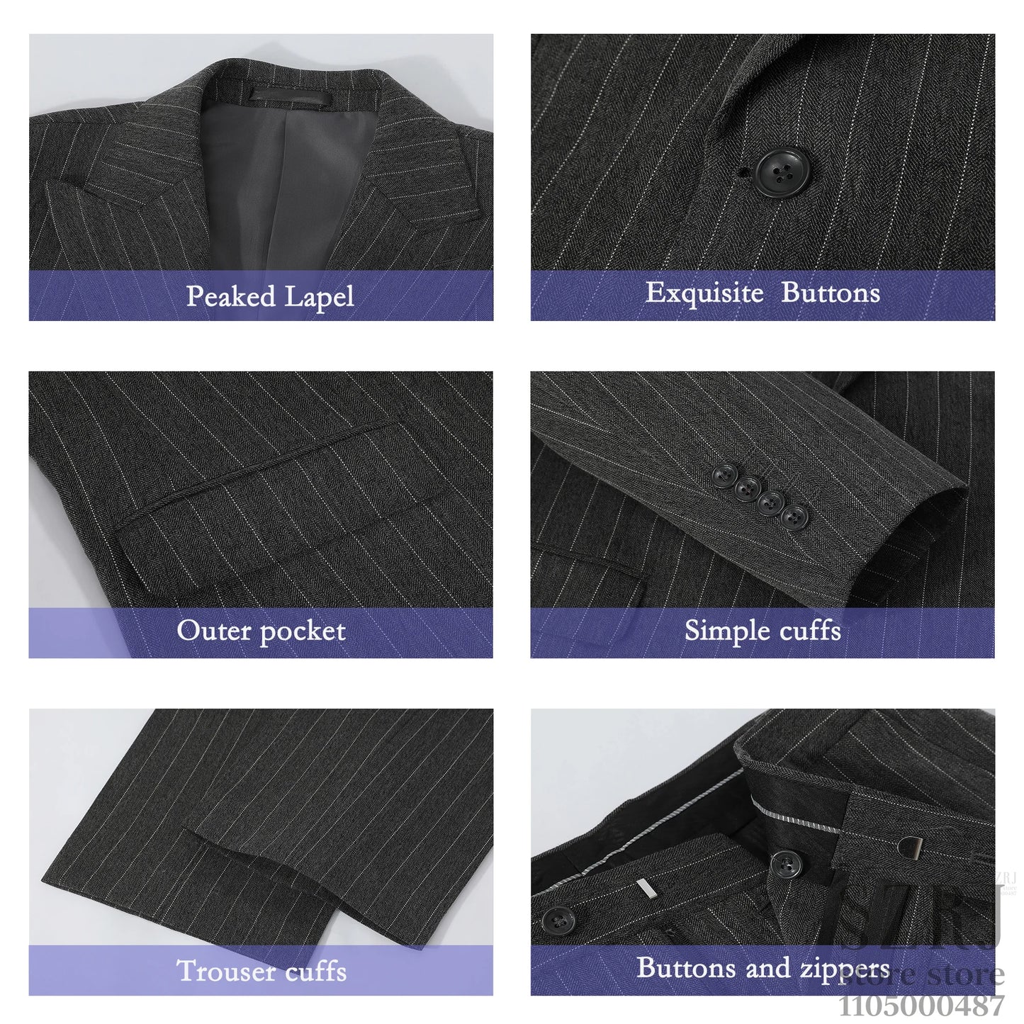 Men's three piece vertical striped gray suit - double button jacket+vest+pants, suitable for wedding/business/daily wear