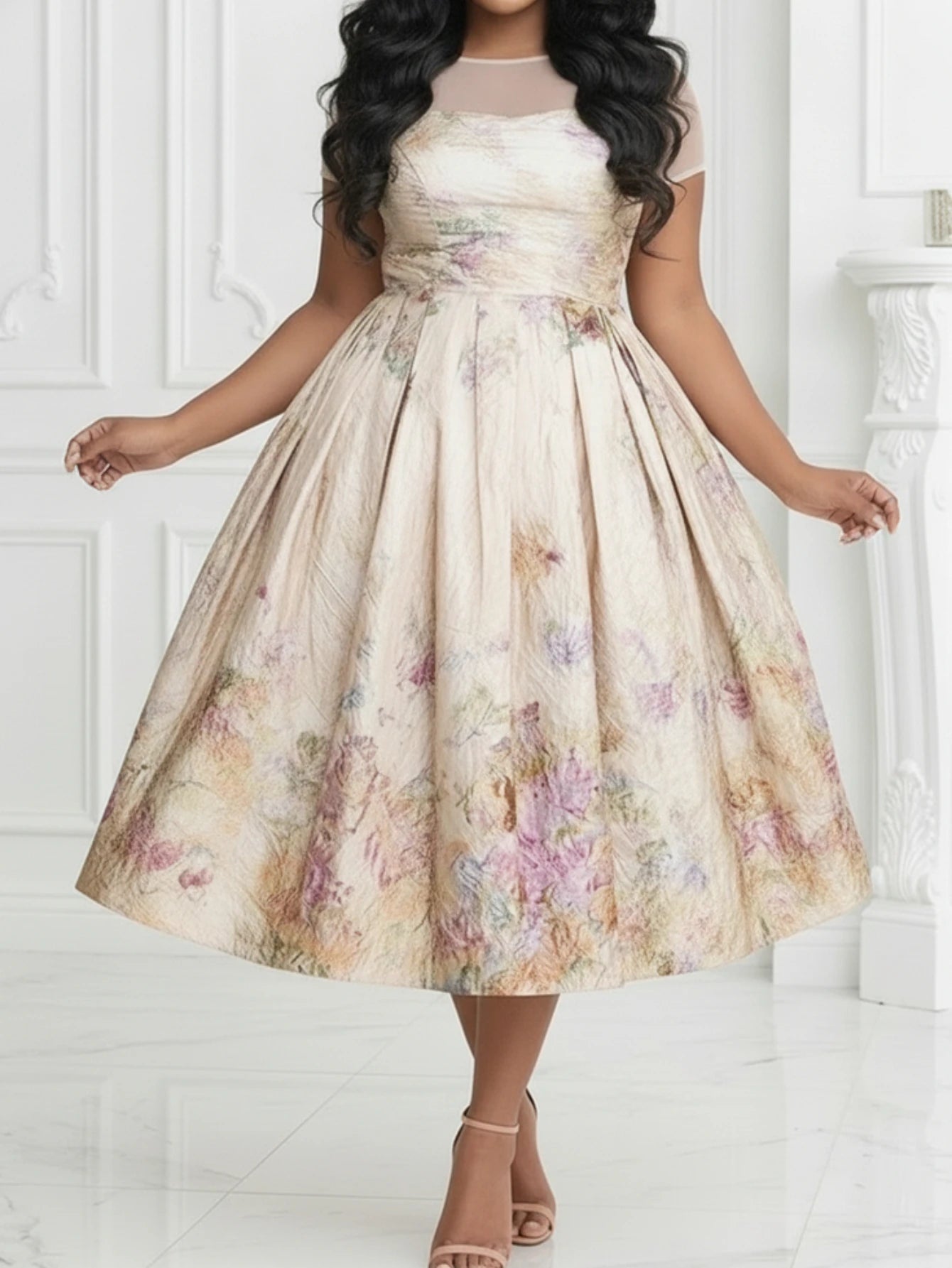 Women's Mock Neck Short Sleeve Printed Pleated Midi Dress For Daily Banquet Wedding Guest Gentle Fashion Occasions