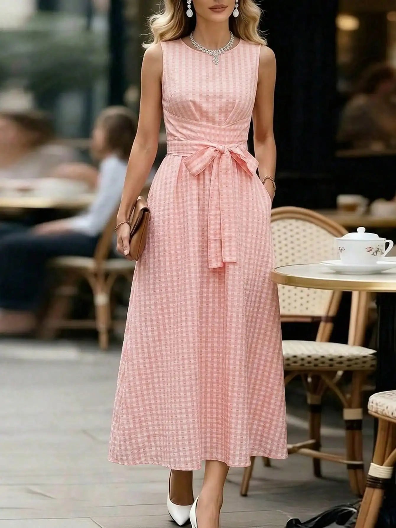 Women's Round Neck Plaid Knotted Waist A-Line Dress For Party Casual Outing