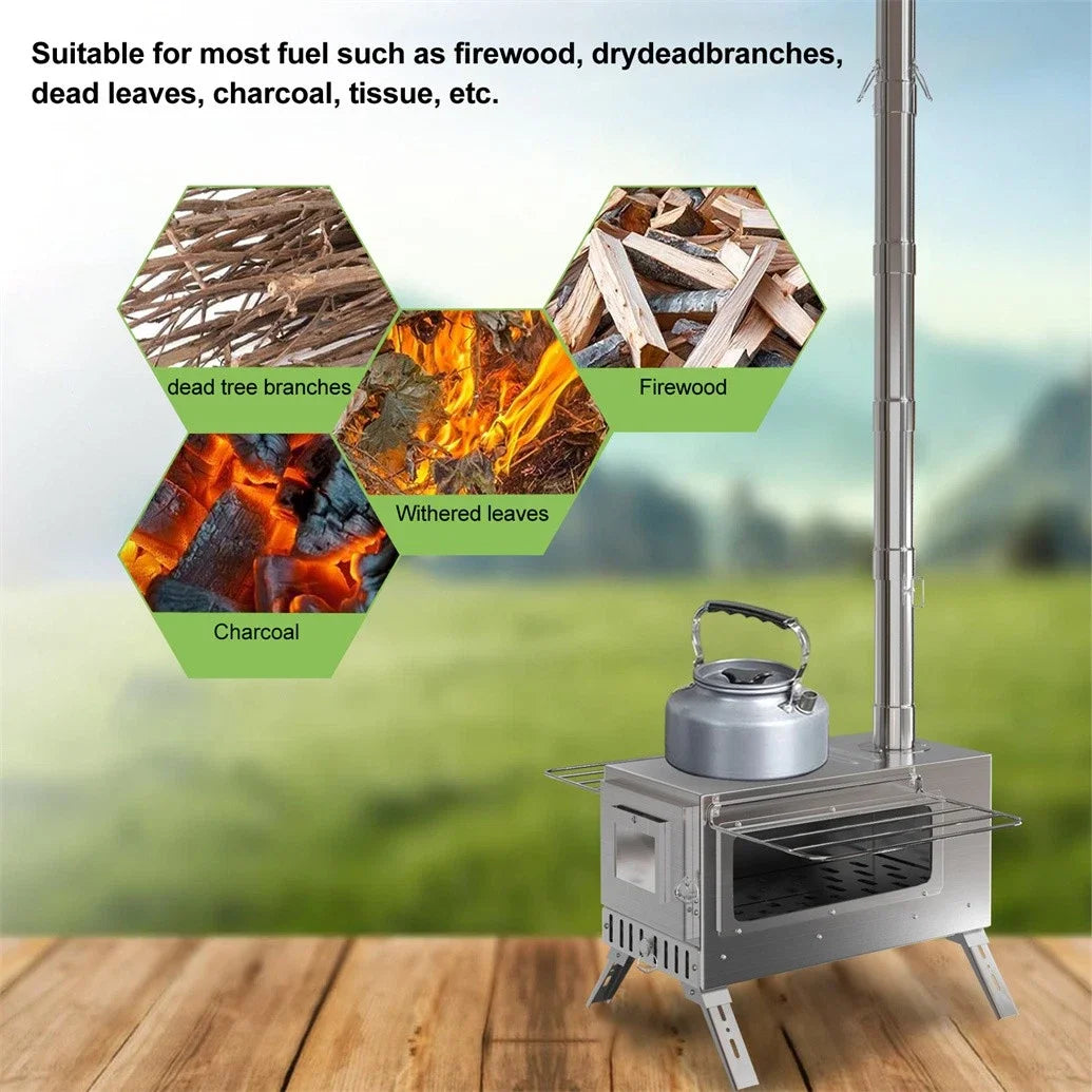 Portable Wood Burning Stove With 6 Stainless Chimney Pipes Outdoors