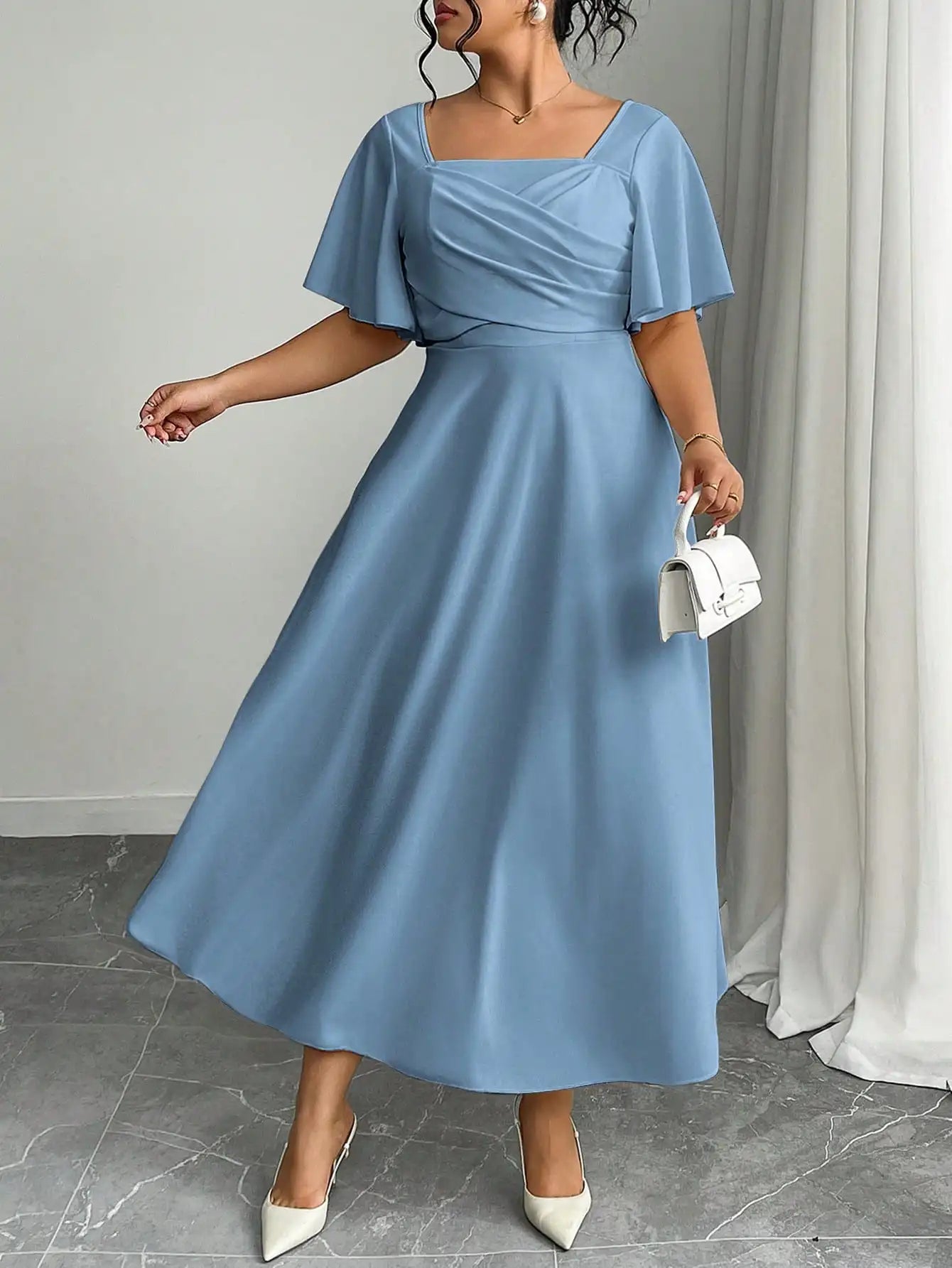 Elegant Plus Size Square Neck Draped Waist A-Line Midi Dress