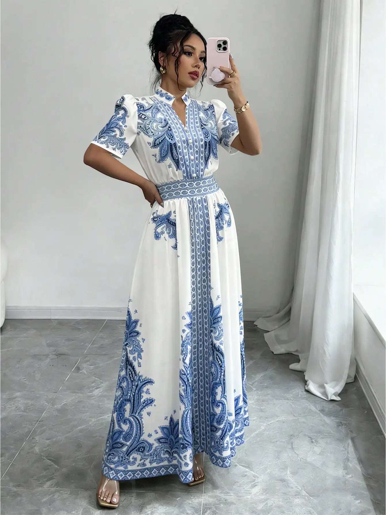 Elegant A-Line Maxi Dress With Puff Sleeve Notched Neck Embroidered Paisley Pattern