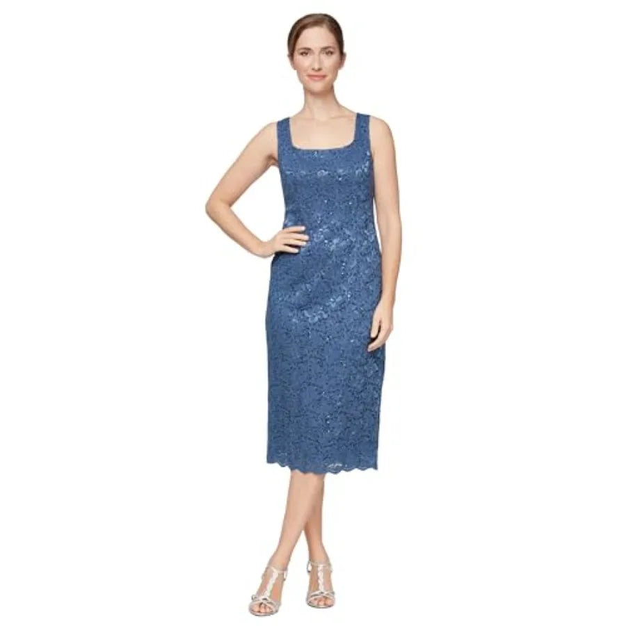 Women's Tea Length Sequin Lace Mother of The Bride Dress with Illusion Sleeve Jacket