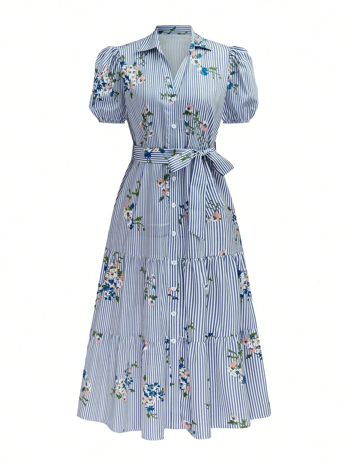 Women's Striped Floral Embroidered Midi Dress With Collar Puff Sleeves Tie-Up Waist