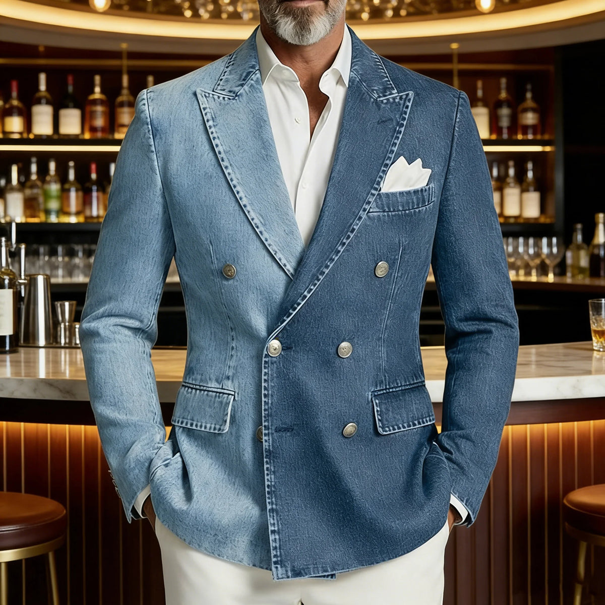 Denim Men's Suit Jacket Double Breasted Peak Lapel Slim Fit Casual Blazer Outing Date Night Trendy Party Fashion Costume Homme