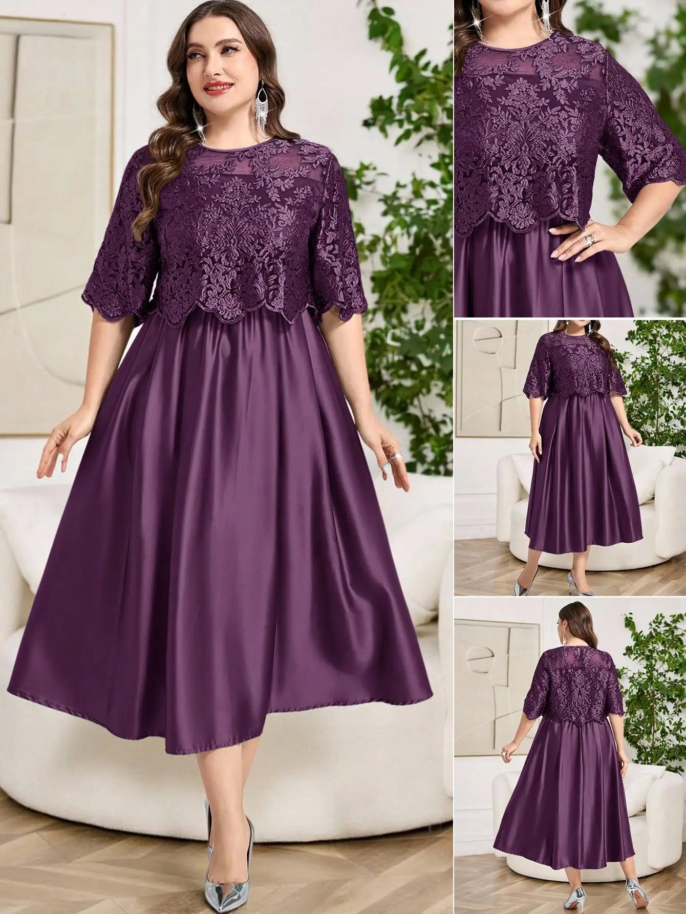 Plus Size Floral Embroidery Elegant Round Neck Midi Dress For Spring Summer