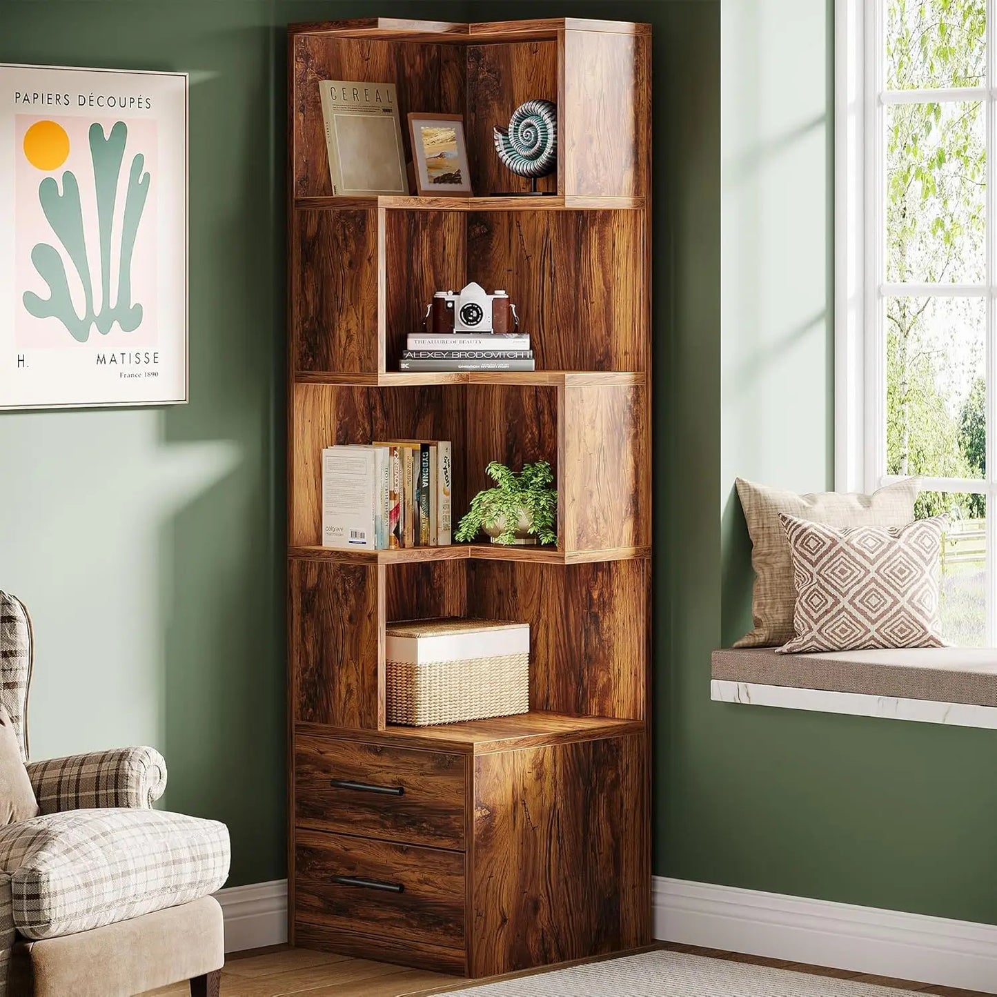 5-Tier Corner Bookshelf With 2 Drawers Mid-Century Modern Storage