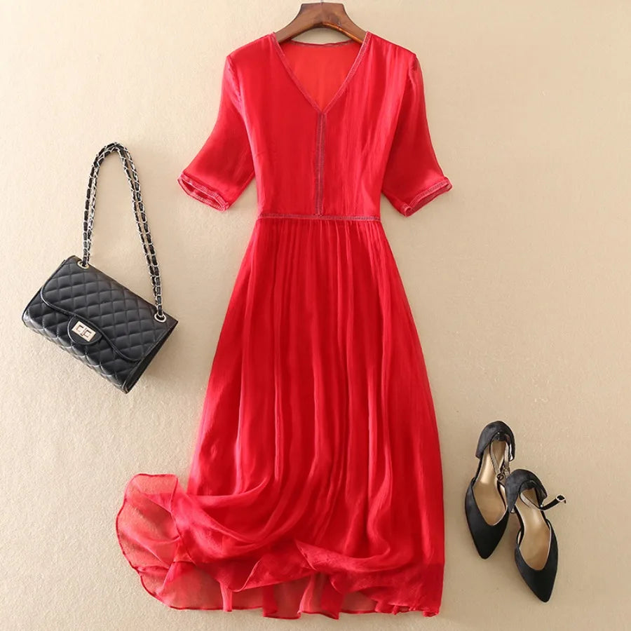 【New style】Summer new mulberry silk silk dress women's medium and long slim and high-end feel one piece for  on behalf of China