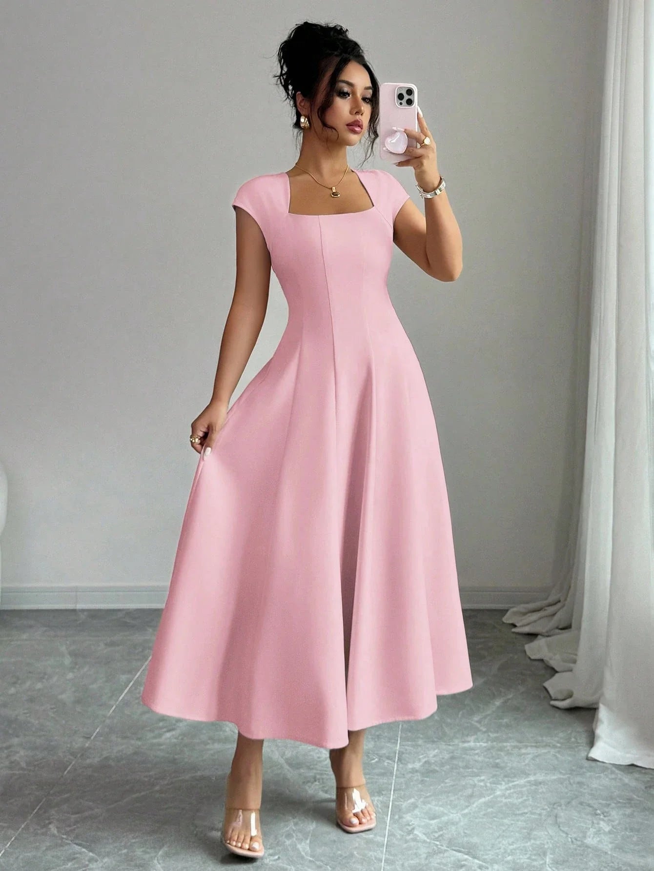Elegant Solid Color Square Neck Short Sleeve A-Line Midi Dress For Women