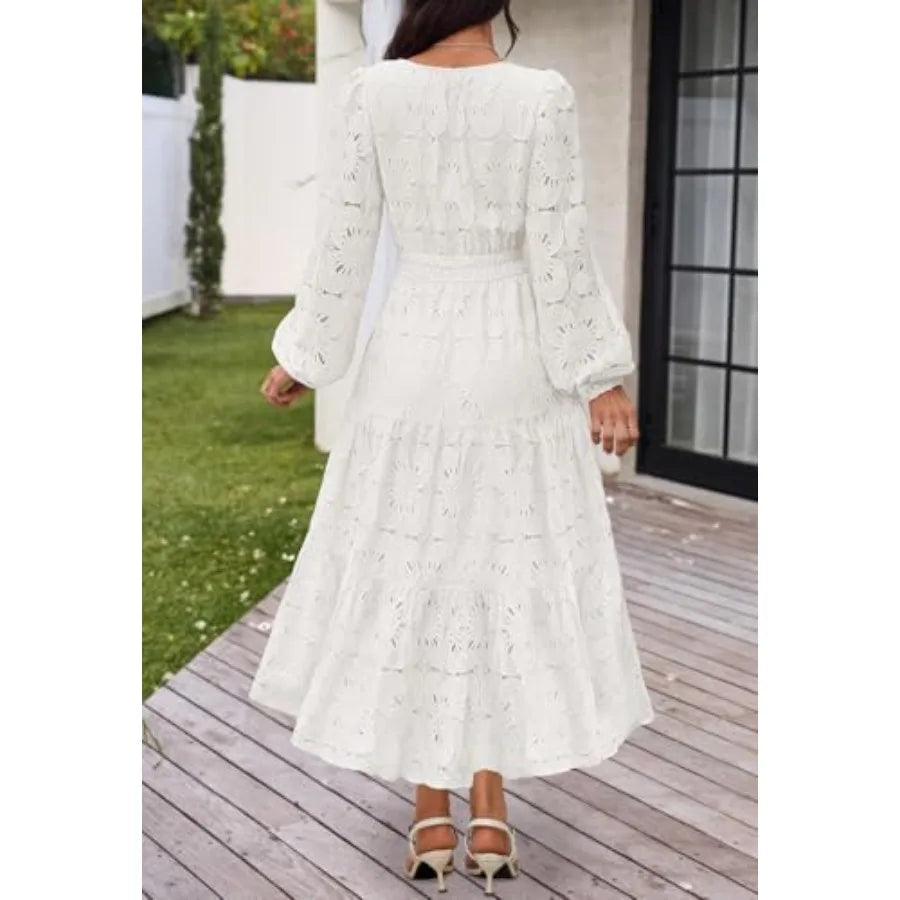 MEROKEETY Women's Fall Long Sleeve Floral Maxi Dress Lace Eyelet Hollow Out Tiered Boho Wedding Guest Dresses Pockets