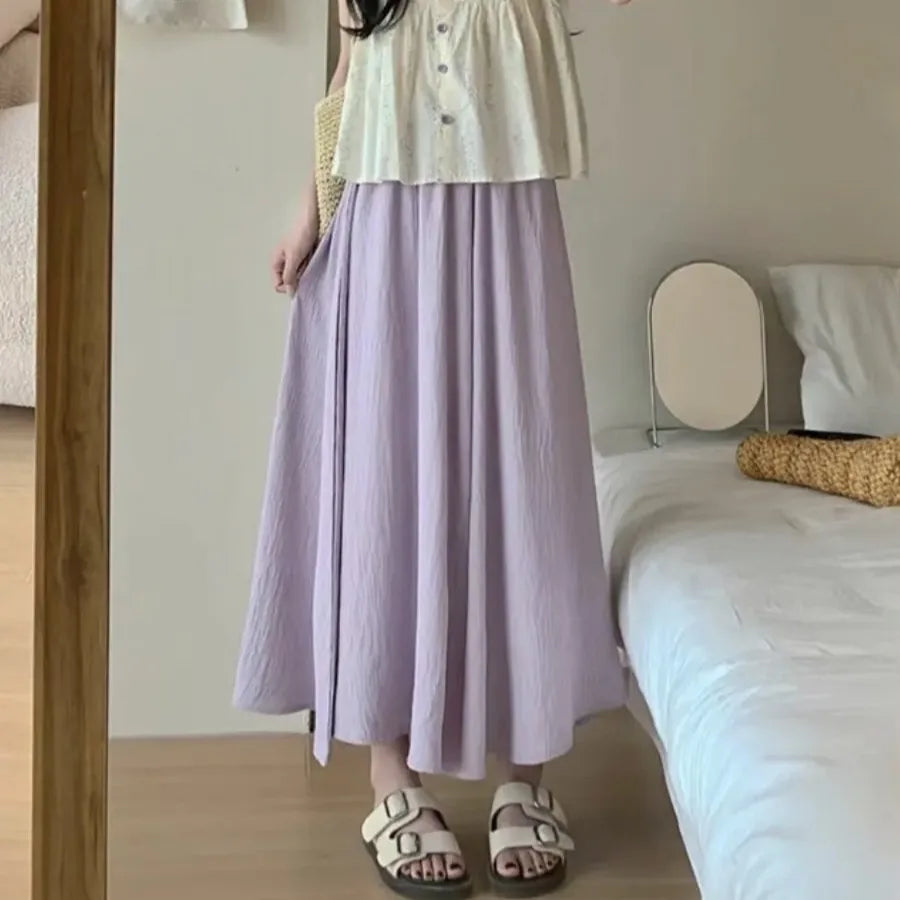 【HOT】A-line big swing culottes summer forest texture pleated skirt small man lazy mid-style long dress pleated