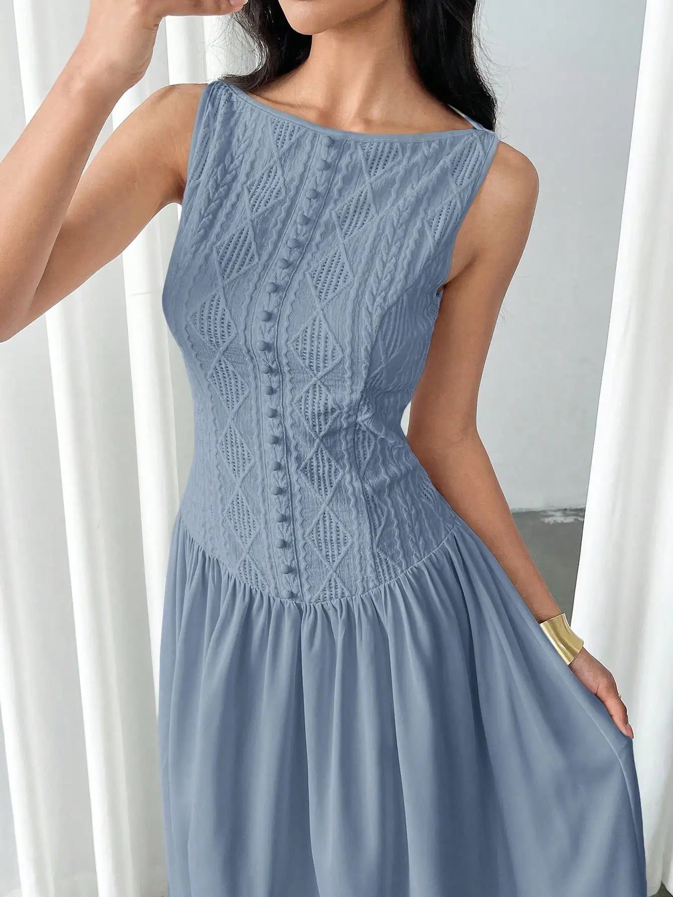 Women's Summer Elegant Solid Color Textured Sleeveless Midi Dress