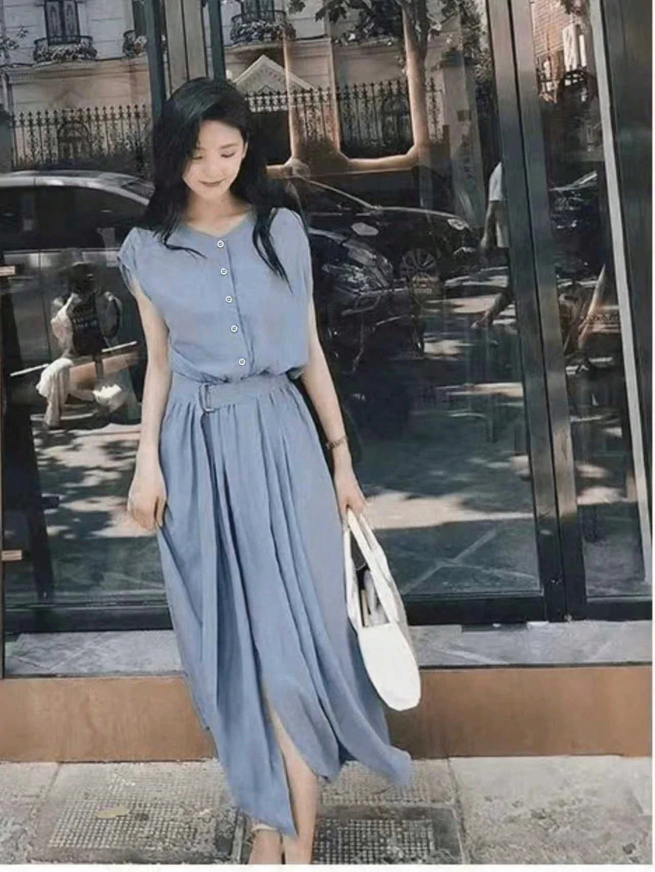 Women's Front Button Short Sleeve Waisted Midi Dress Elegant Summer