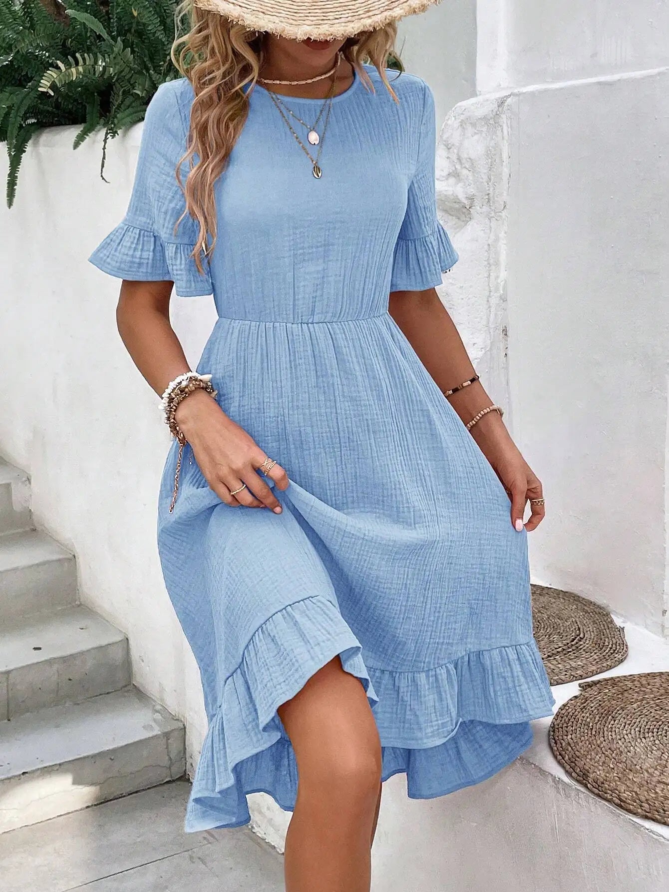 Light Blue Ruffle Trim Midi Dress With Textured Fabric Casual Summer Women Dress