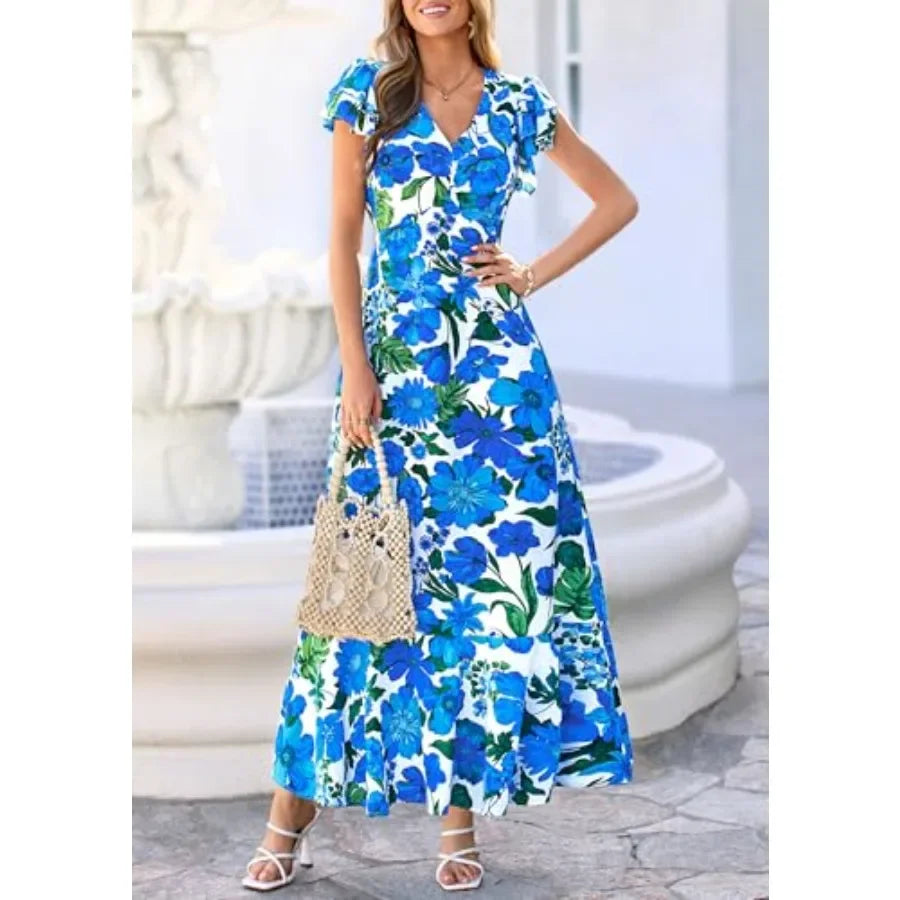 PRETTYGARDEN Floral Dress for Women 2026 Summer Boho Ruffle Flowy Cocktail Beach Spring Wedding Guest Maxi Long Dresses
