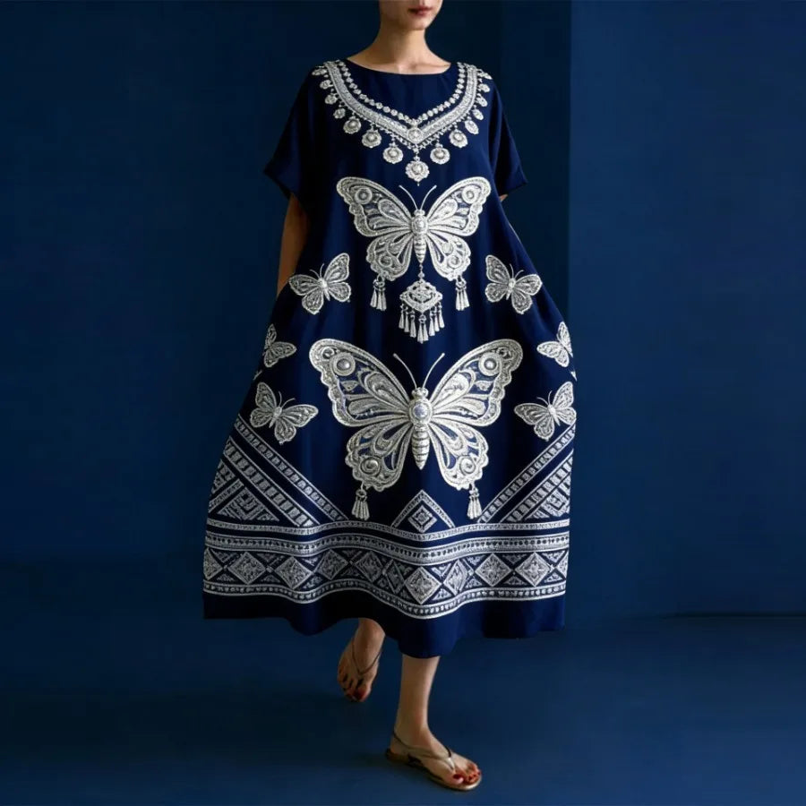2026 European and American vacation style hit watercolor flower print dress loose mid-length dress