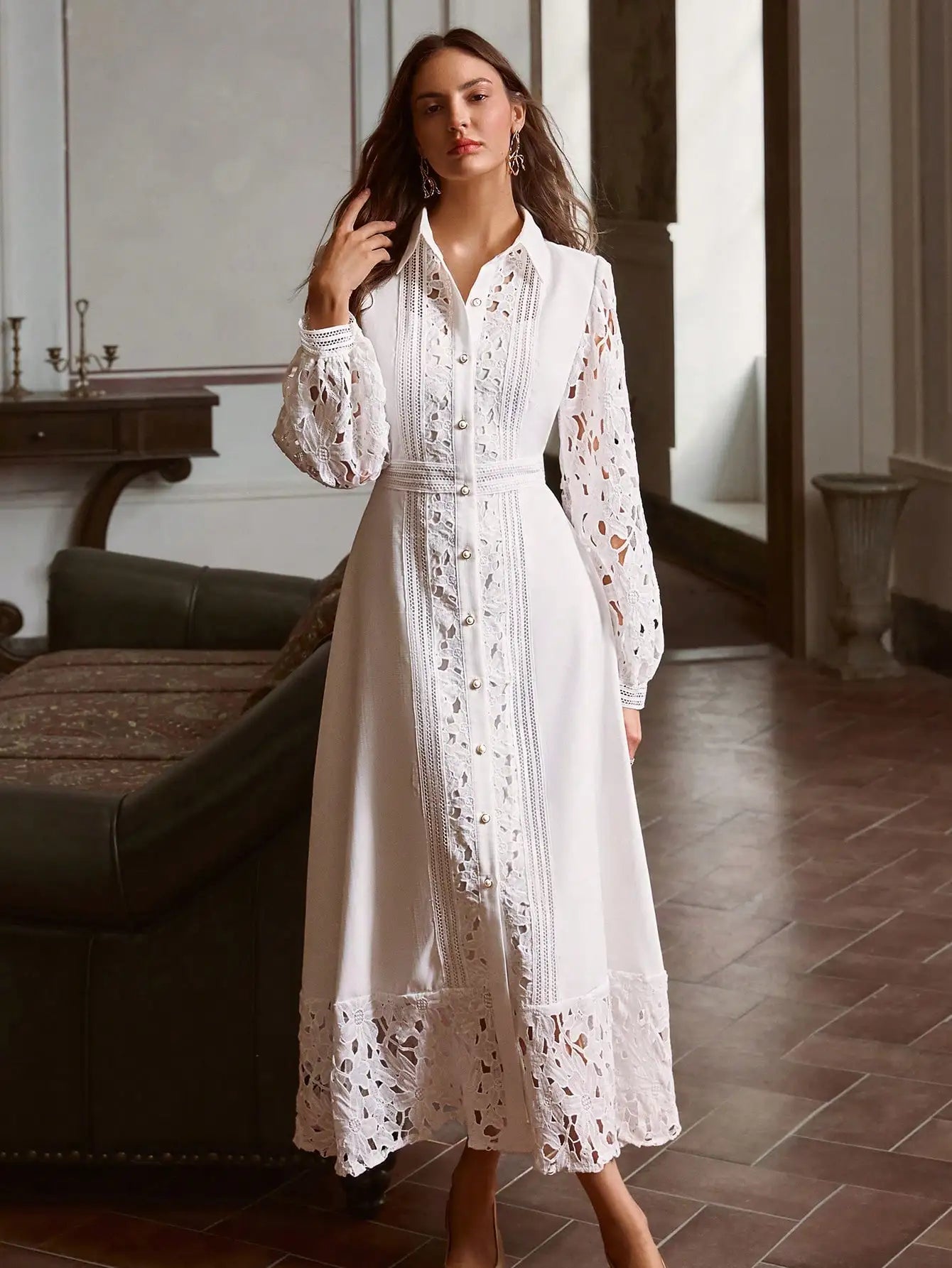 Elegant Solid Sky Blue Hollow Lace Patchwork Button Down Dress Vintage Style