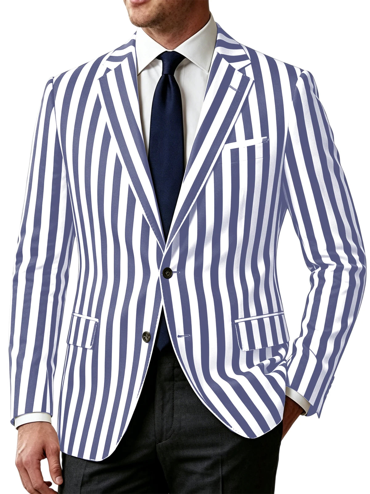Men's Vertical Striped Blazer Slim Fit Single Breasted Casual Business Sport Coat Lightweight Formal Jacket For Office Wedding
