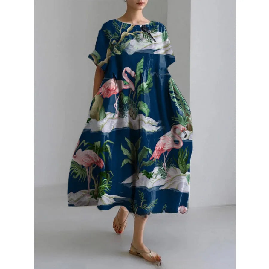 【New style】 - summer new European and American women's clothing loose round neck fashionable high-end short-sleeved printed dre