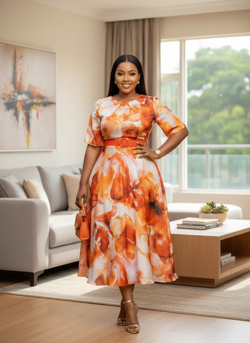 Plus Size Round Neck Short Sleeve Floral Print Midi Swing Dress For Women Wedding Guest Daily Elegant Party Occasions