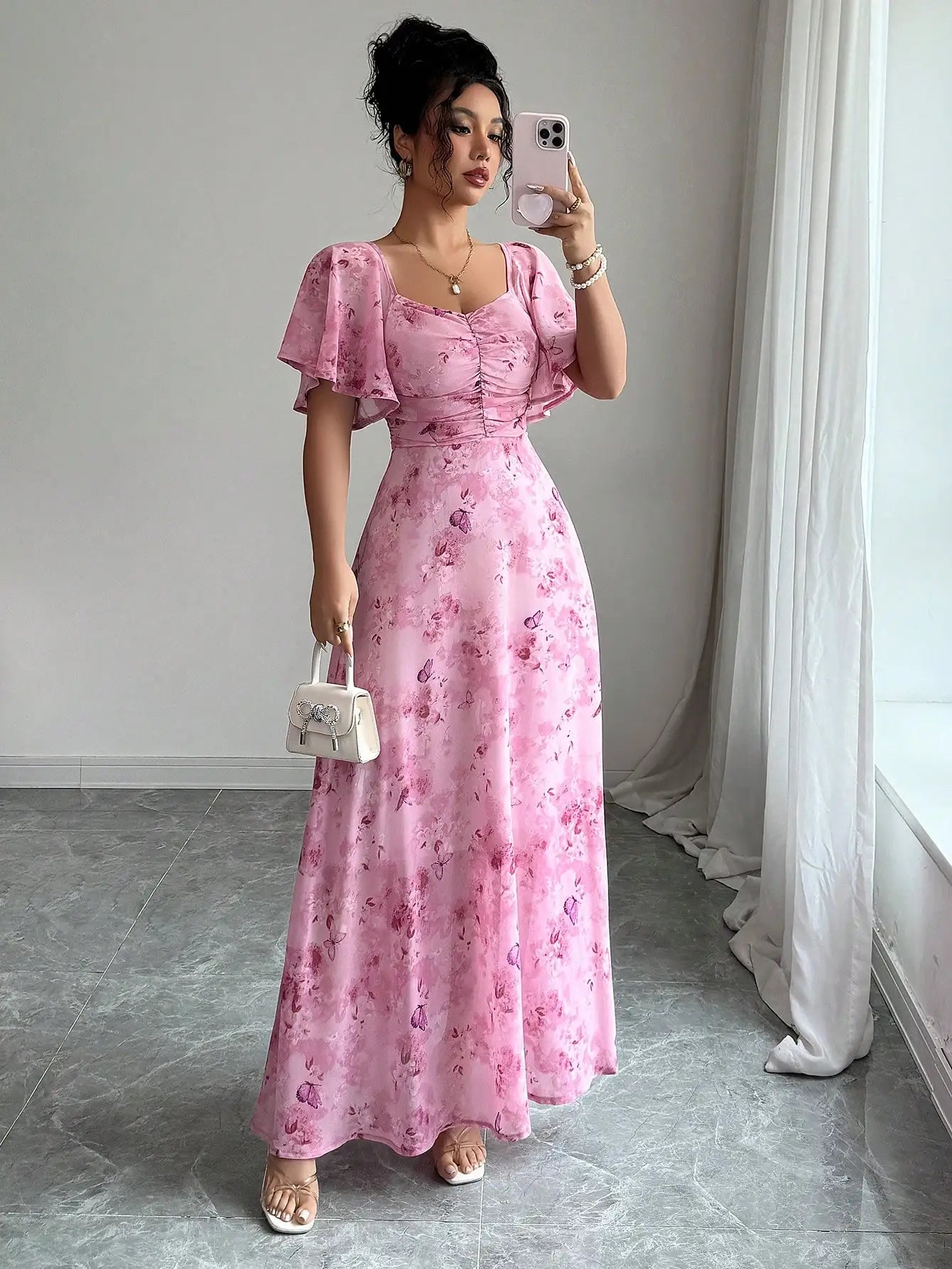 Women's Chiffon Butterfly Print Ruched Square Neck Batwing Sleeve Maxi Dress