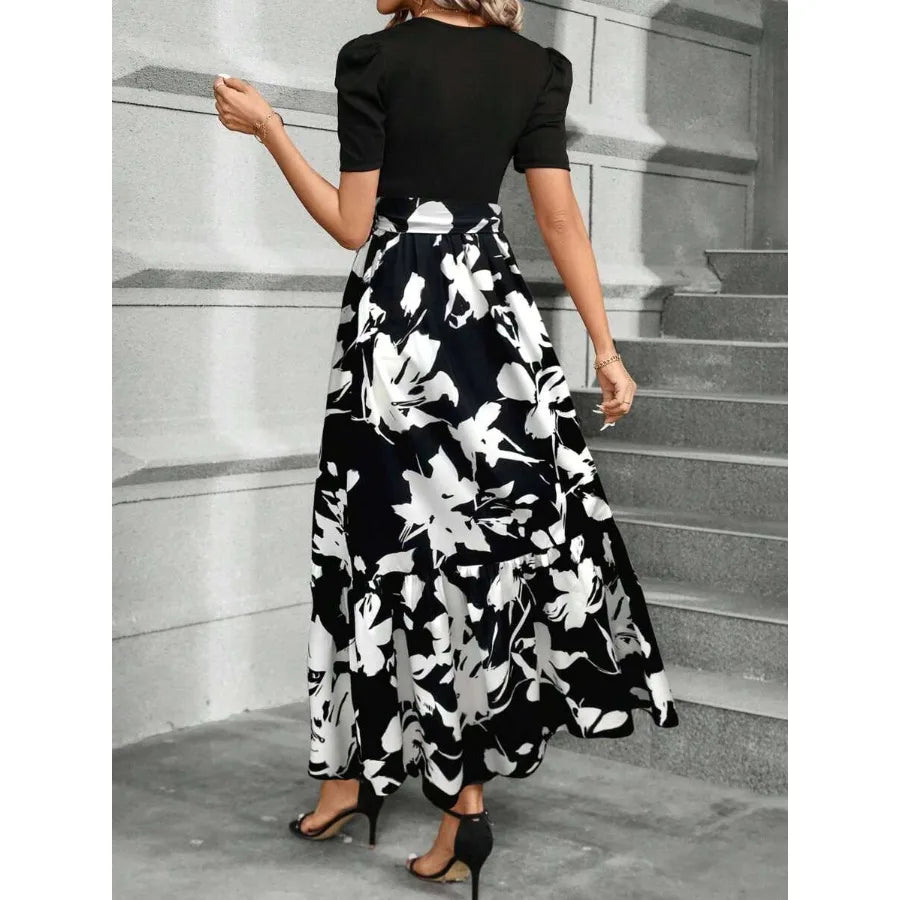 Women's Spliced Plant Print Ruffle Hem Maxi Dress Outfit