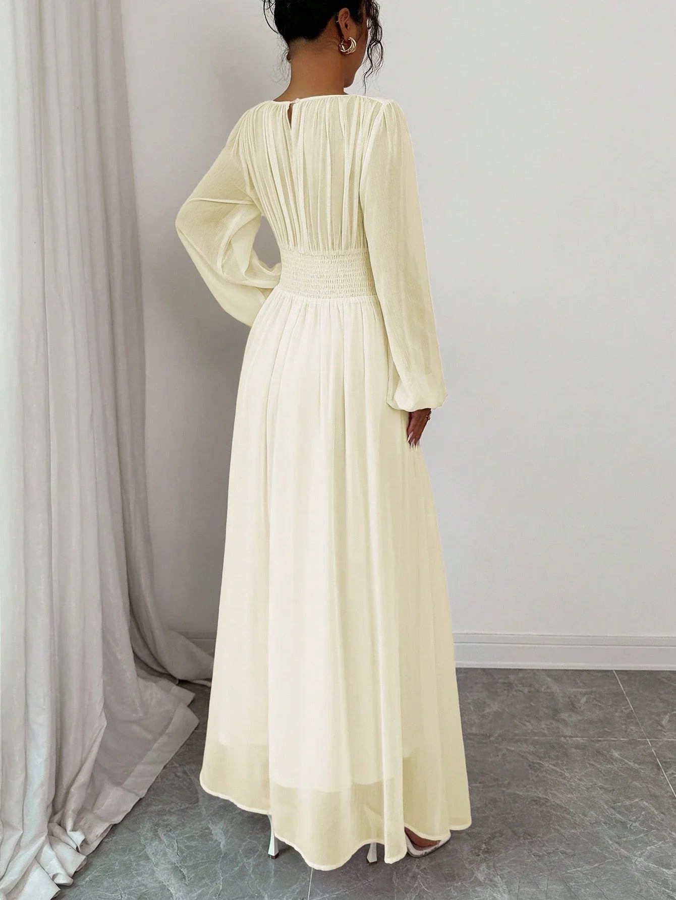 Women's Spring Summer Romantic Elegant Ruched Waist A-Line Long Sleeve Maxi Dress
