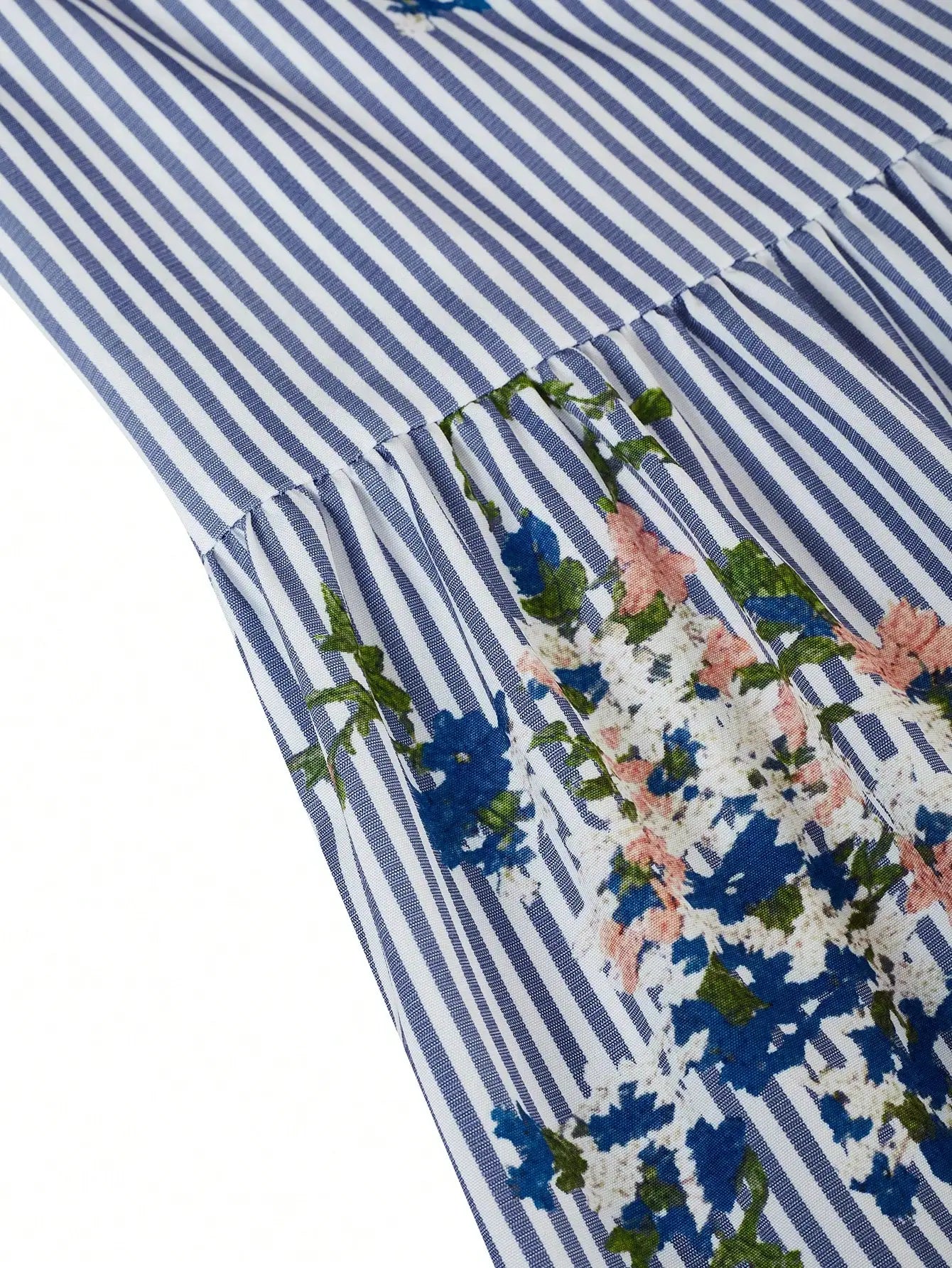 Women's Striped Floral Embroidered Midi Dress With Collar Puff Sleeves Tie-Up Waist