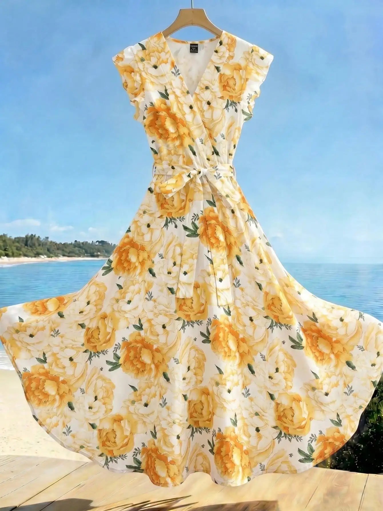Elegant Floral Print Wrap Dress With Ruffle Sleeves And Sash Belt Summer