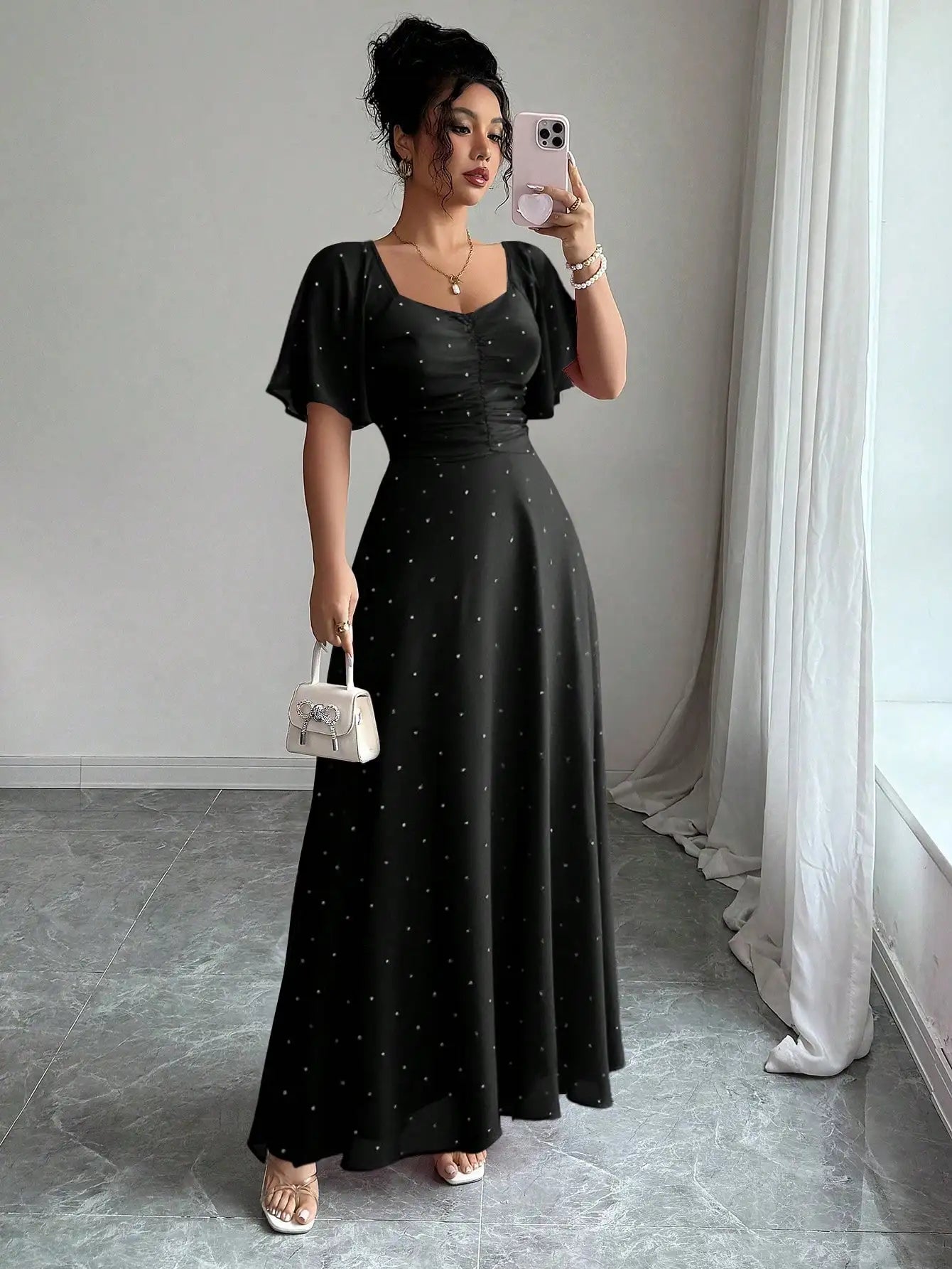Women's Chiffon Butterfly Print Ruched Square Neck Batwing Sleeve Maxi Dress
