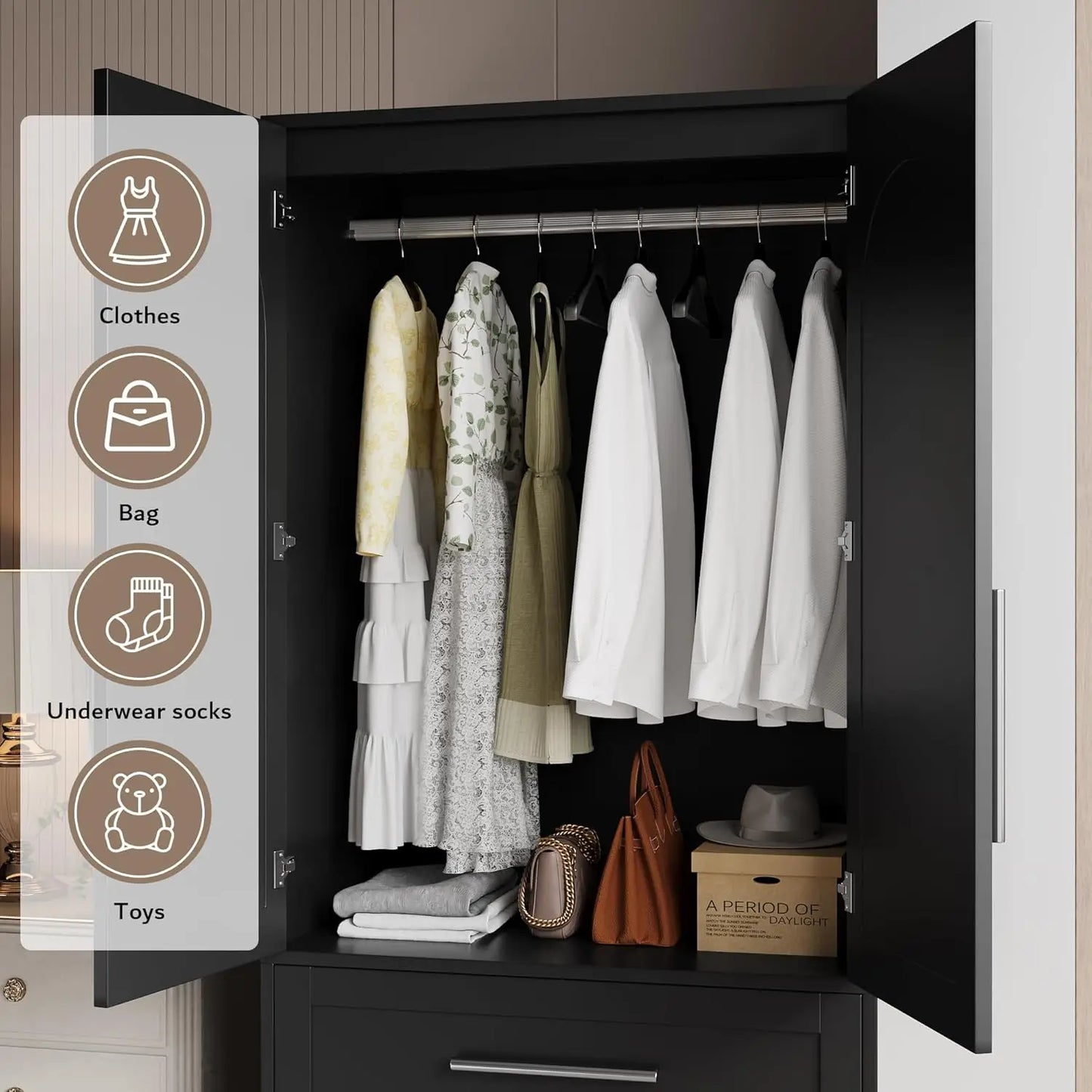 Wooden Armoire Wardrobe Closet with 2 Drawers, Clothing Storage Cabinet with Shelves Aluminum Hanging Rod, Wardrobe, Customized