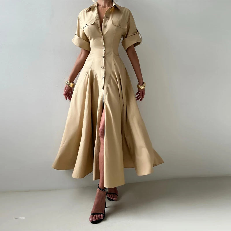 Casual Striped Women Summer Dress Lapel Single Breast Half Sleeve Slim Waist Long Dresses 2026 Autumn Lady Fashion Vacation Robe