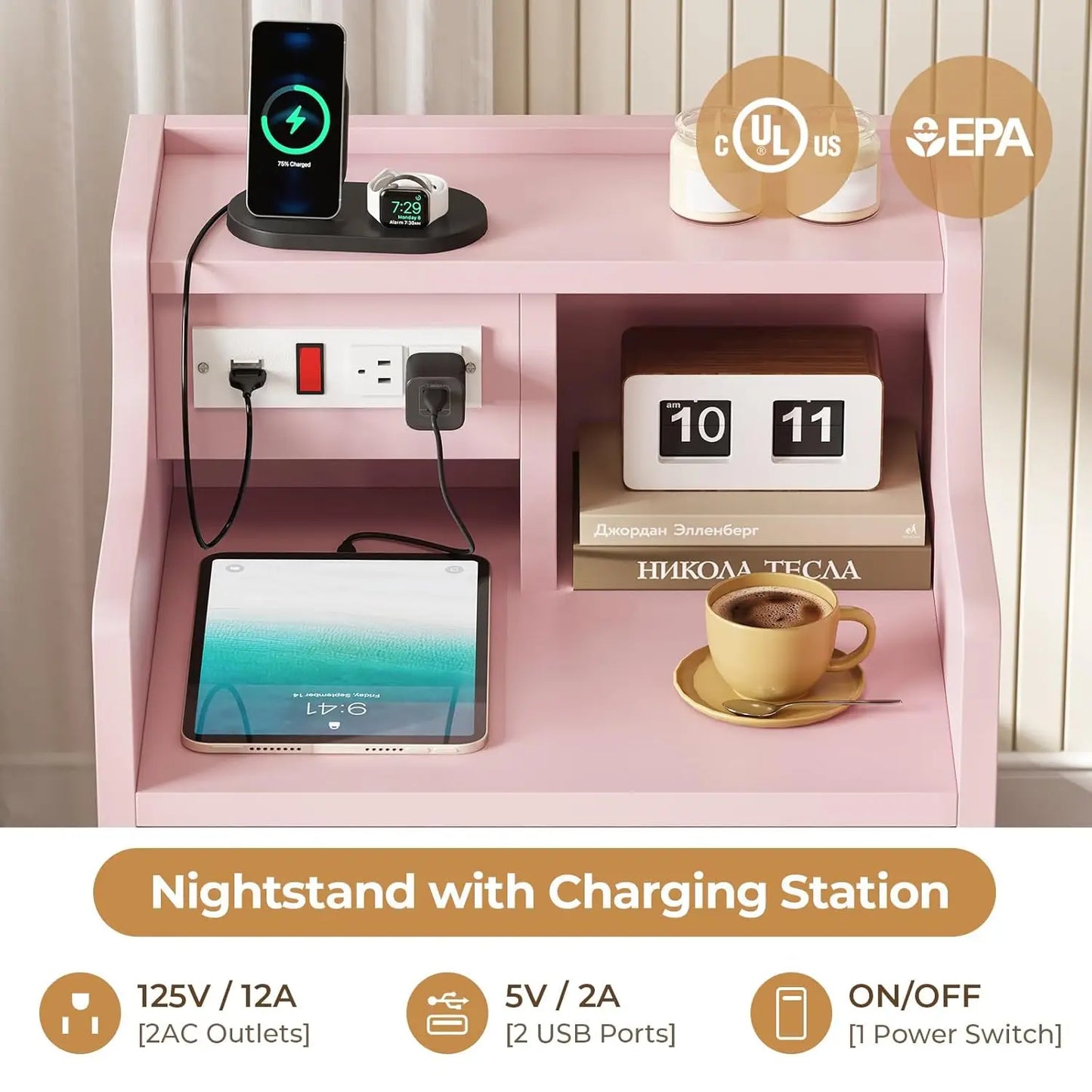 Night Stand Set 2,Pink Nightstand with Charging Station & Hutch,Night Stands for Bedrooms Set of 2,Bedside Table, Customized