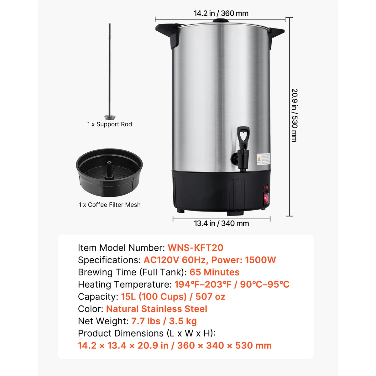 SucceBuy Commercial Coffee Urn 100Cup 15L Hot Beverage Dispenser with Dripless Faucet Quick-Brewing Stainless Steel Coffee Maker