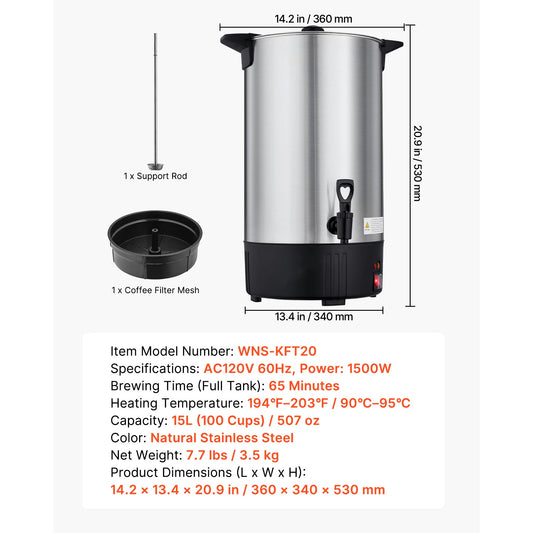 SucceBuy Commercial Coffee Urn 100Cup 15L Hot Beverage Dispenser with Dripless Faucet Quick-Brewing Stainless Steel Coffee Maker