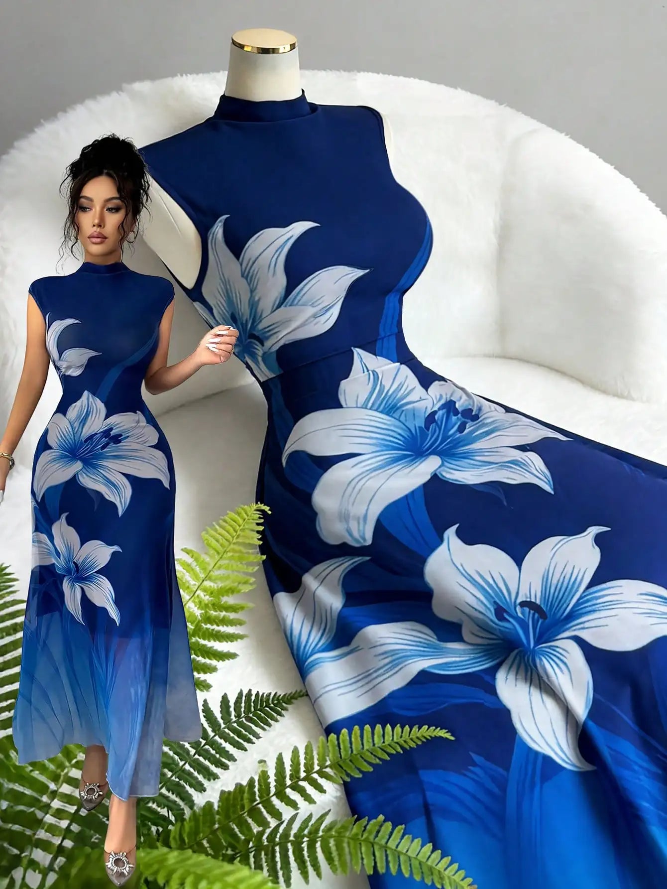 Navy Blue Ombre Mesh Floral Print Elegant Fitted A-Line Floor Length Dress
