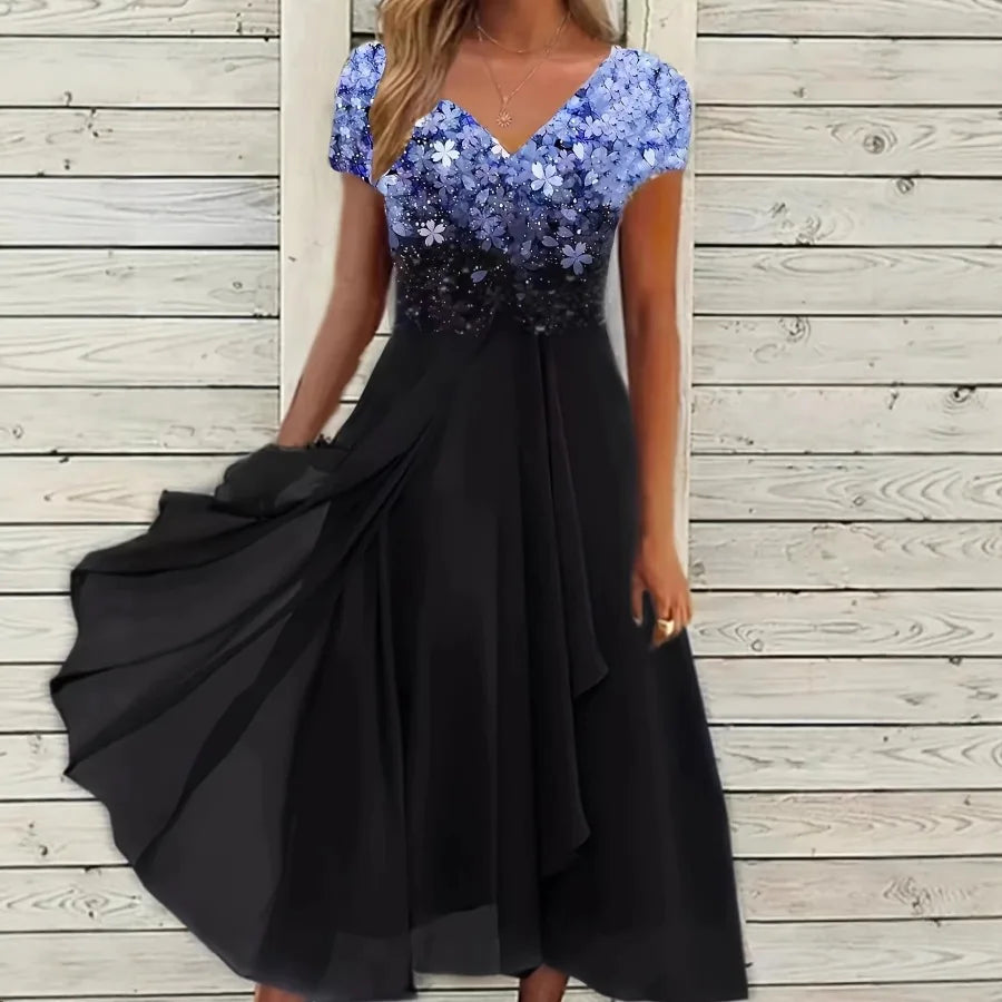 【New style】European and American   women's clothing summer dress sexy print shiny stitching big swing v-neck evening gift A-lin