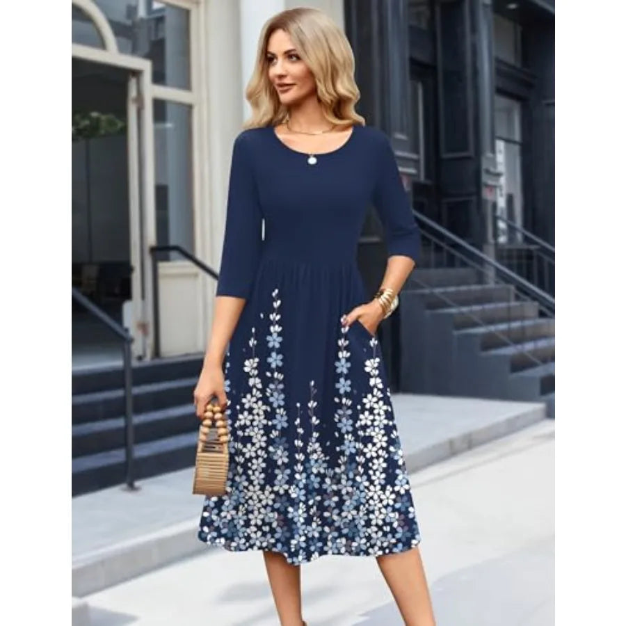 Zeagoo 3/4 Sleeve Women's Dress Casual Flowy A-Line Midi Tshirt Dresses with Pockets Crewneck Vocation Boho Beach Sundress