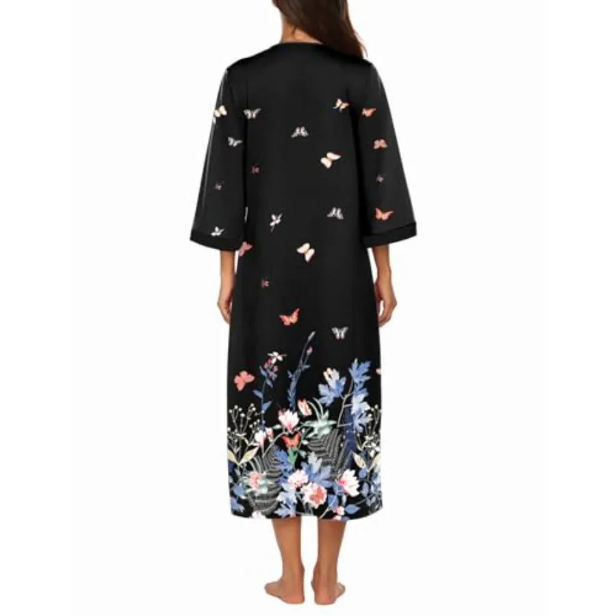 Women Zipper Robe 3/4 Sleeves Loungewear Dress Full Length Sleepwear Pockets Housecoat Nightgown Long Bathrobe