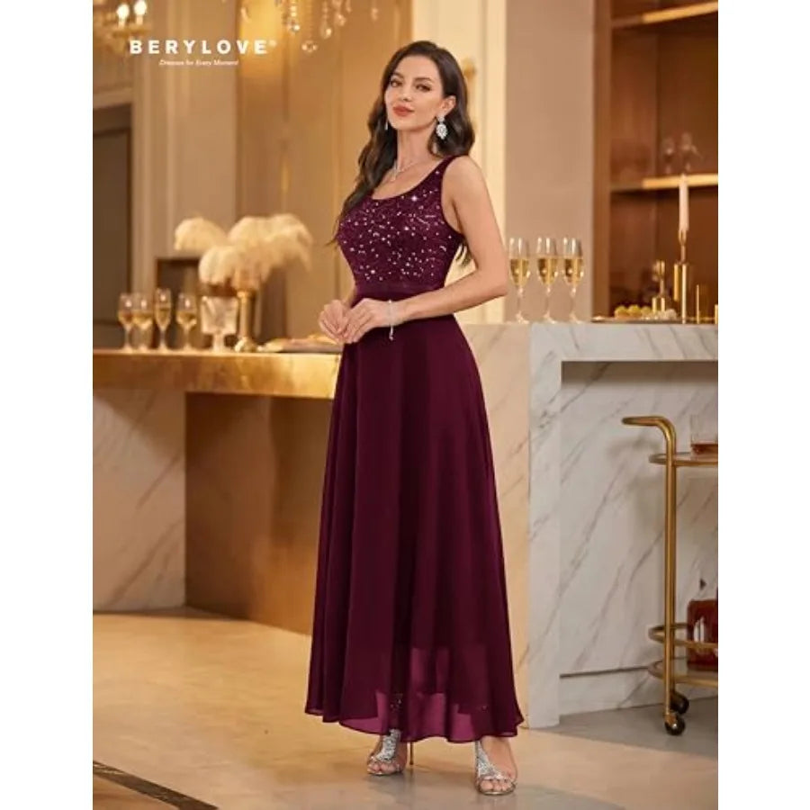 BeryLove Sequin Formal Dress for Woman A Line Lace Prom Dresses Sleeveless Cocktail Maxi Gowns