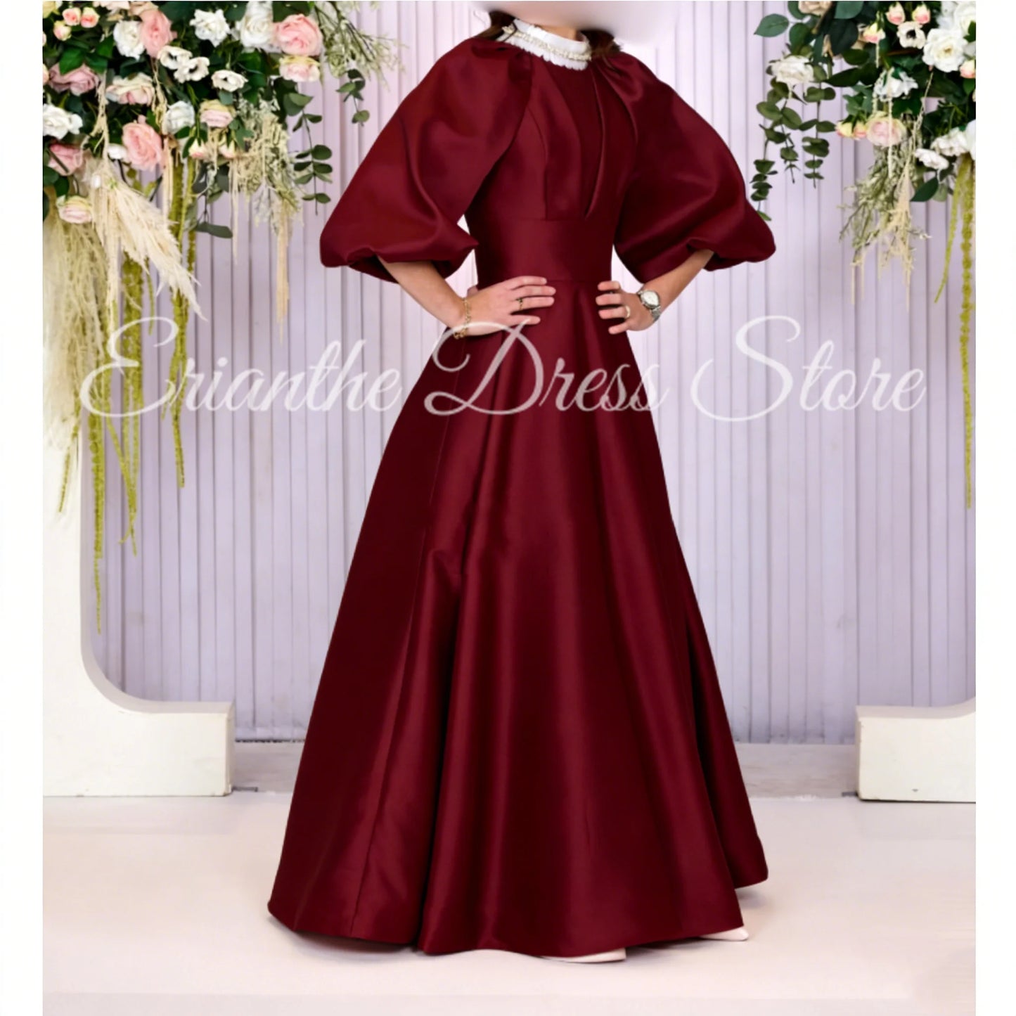 Pink Satin Bridesmaid DressSleeve Satin For Women Balloon Sleeve A-line Round Neck Birthday Party Evening Ball Gown Customized