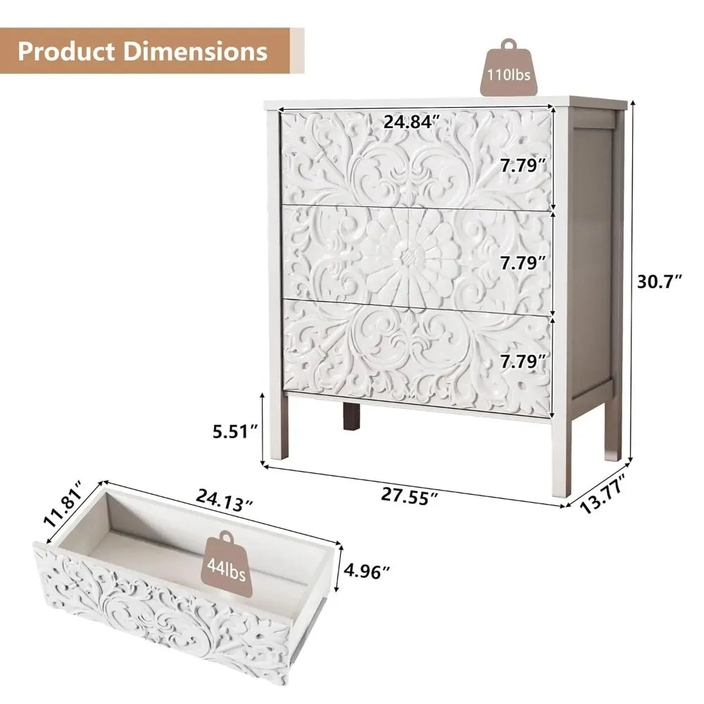 3-Drawer Dresser Chest, Modern Wooden Flower Motif Dressers with Wide Storage Space Chest of Drawers Bedside, Customized
