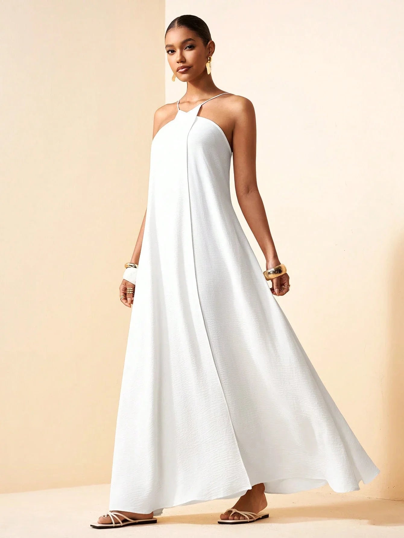 Boho Solid White Linen A-Line Backless Halter Long Dress For Vacation Beach Wedding