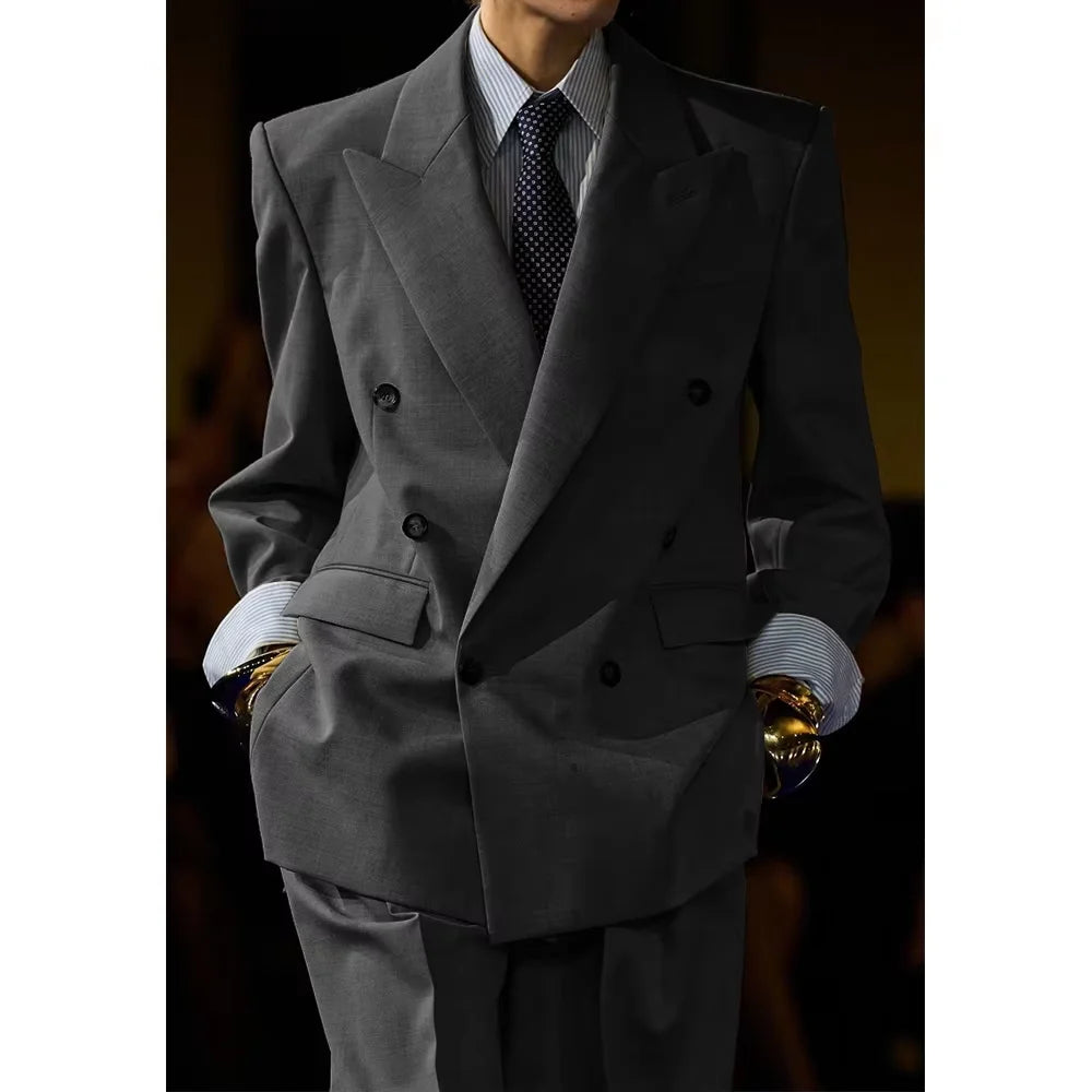 Men's Linen Suit Set Double Breasted 2 Pieces Peak Lapel Oversized Breathable Soft Formal Jacket Pants Outfit Business Casual