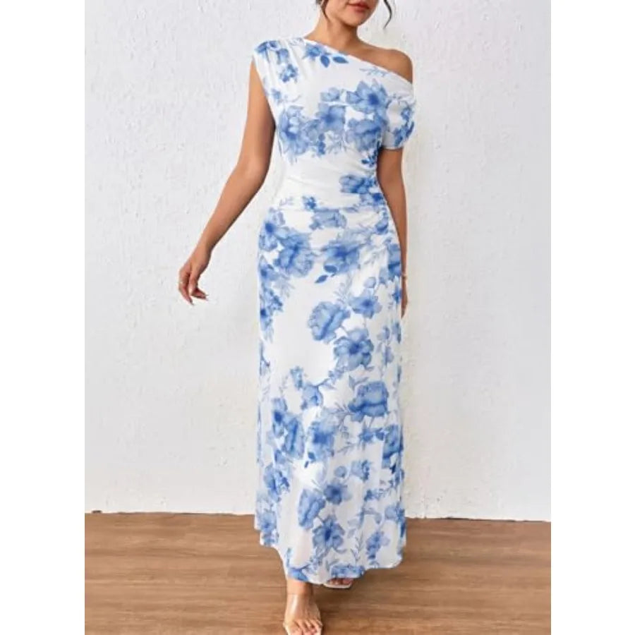 BLENCOT Women's Floral Off Shoulder Maxi Dress Ruched Bodycon Summer Wedding Guest Party Gown