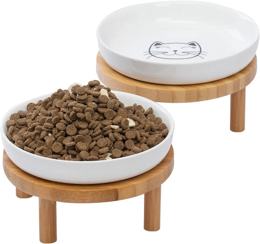 Elevated Ceramic Cat Bowls With Bamboo Stand For Indoor Cats